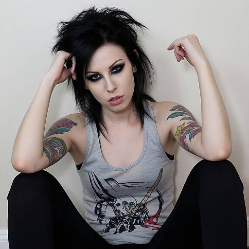 Edgy Woman with Tattoos in Punk-Rock Style Casual Wear