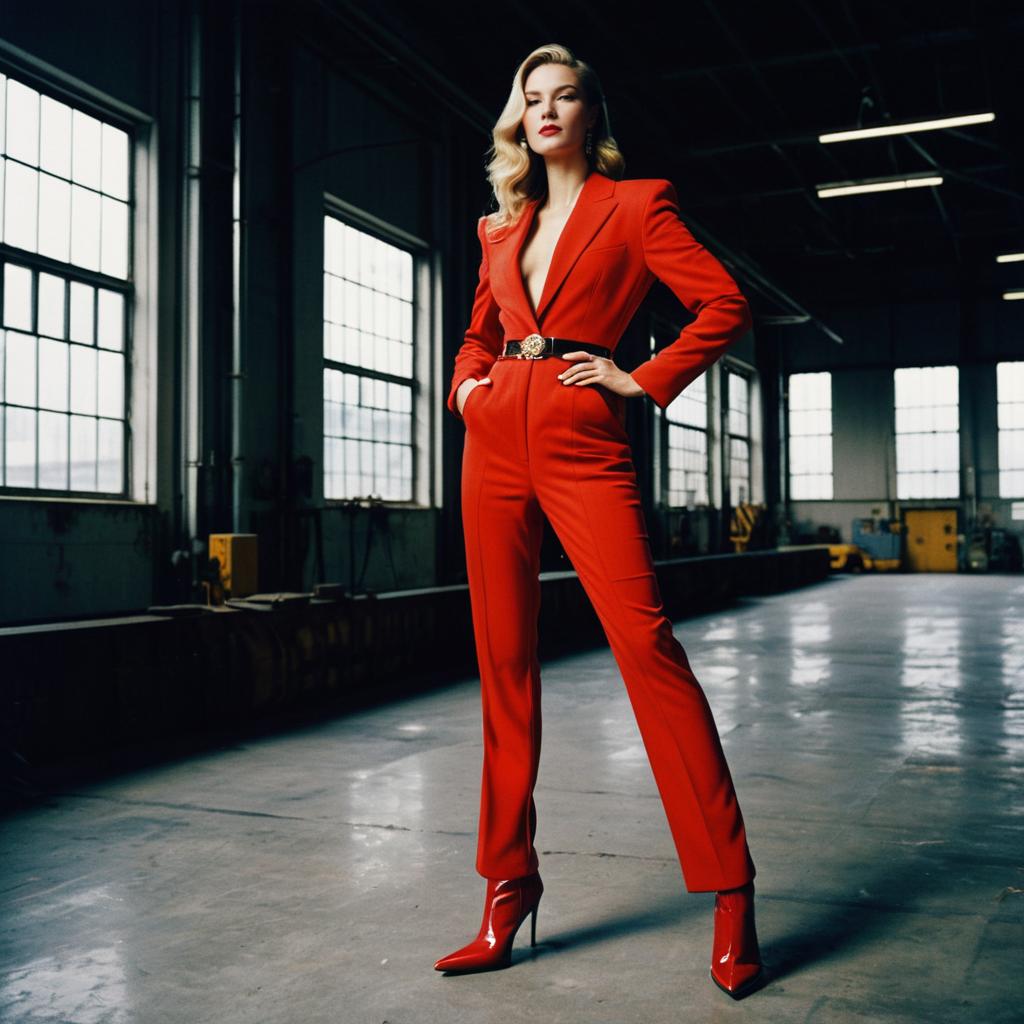 Confident Woman in Red Pantsuit Posing in Industrial Space Confident Woman in Red Pantsuit Posing in Industrial Space