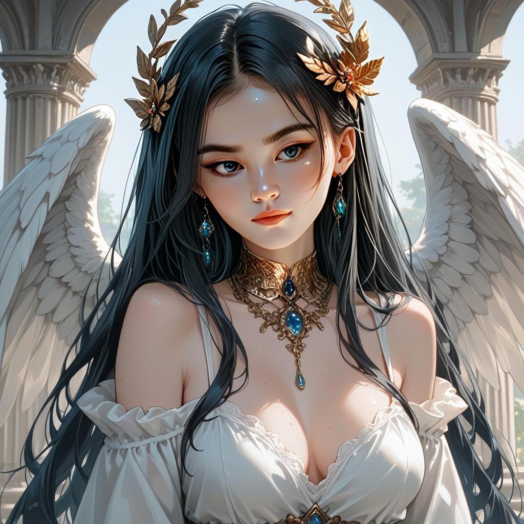 Dark Angelic Woman with Wings and Ornate Jewelry Digital Illustration