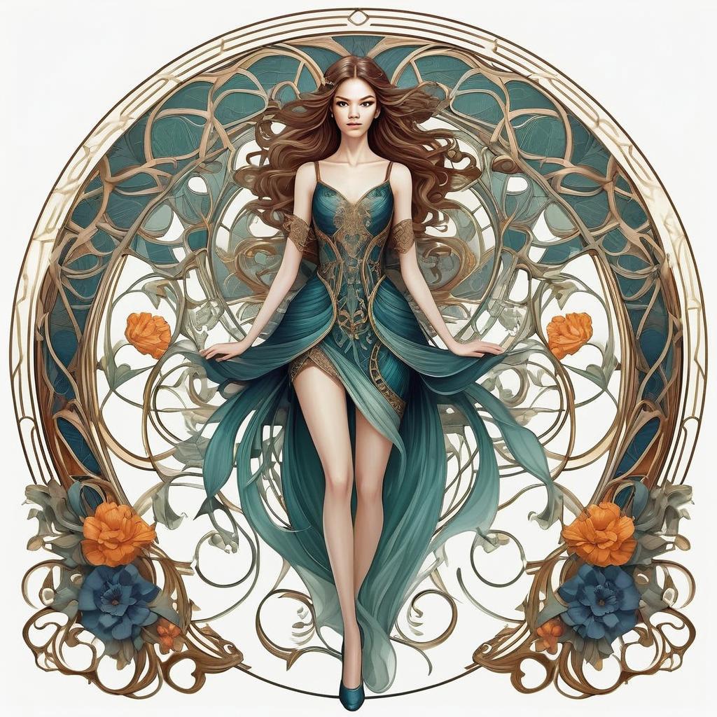 Confident Woman in Teal Dress with Floral Frame Confident Woman in Teal Dress with Floral Frame