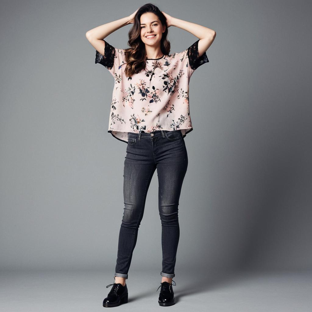 Woman in Casual Contemporary Outfit with Faded Black Skinny Jeans and Floral Graphic T-Shirt