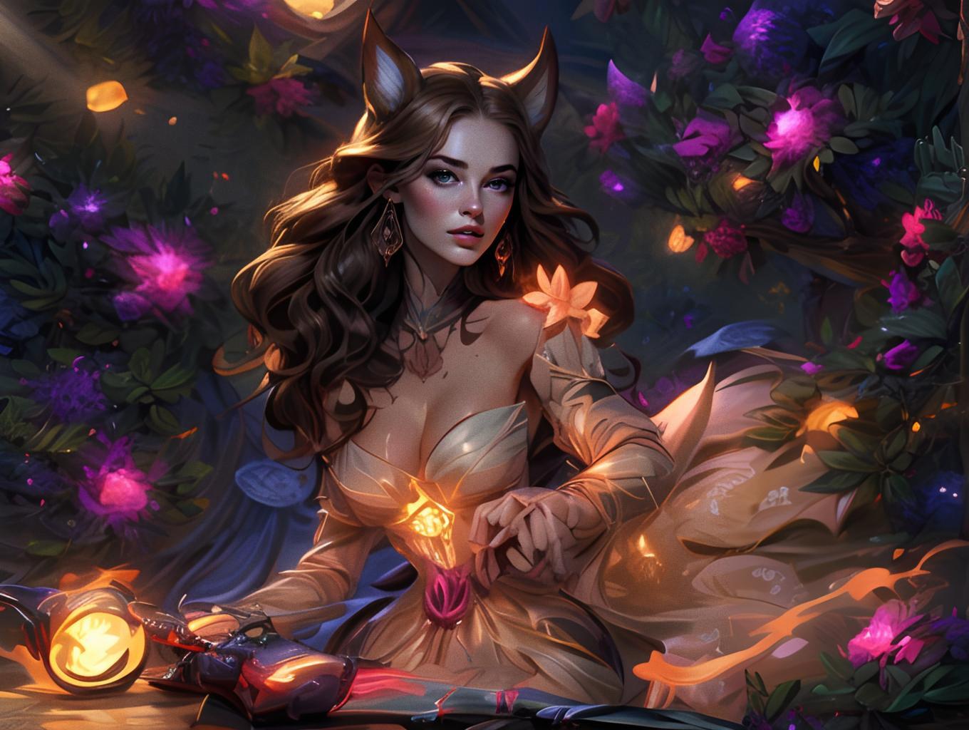 Enchanting Fox-Eared Woman in Magical Forest Digital Art