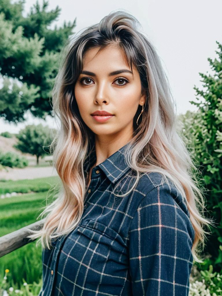 Confident Woman in Chic Plaid Shirt Outdoors