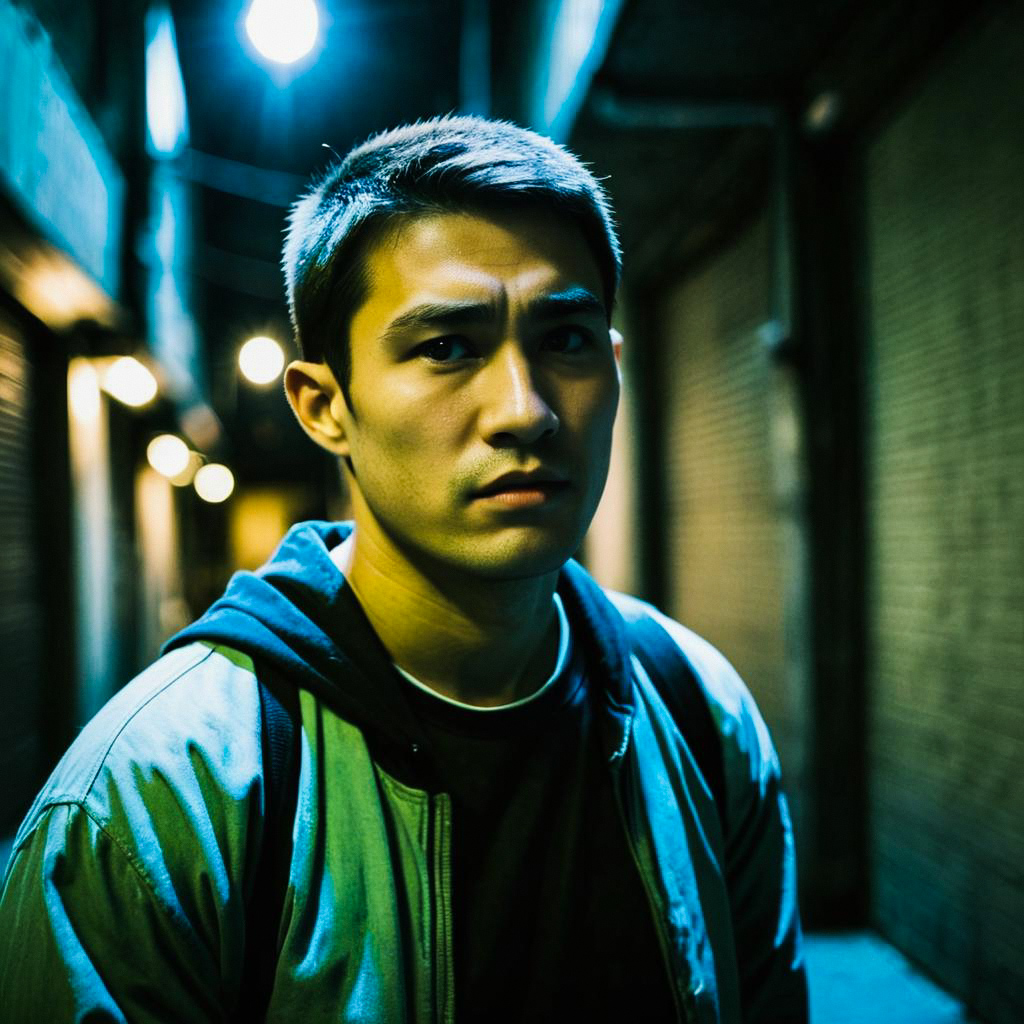 Young Man in Dimly Lit Urban Alleyway at Night Young Man in Dimly Lit Urban Alleyway at Night