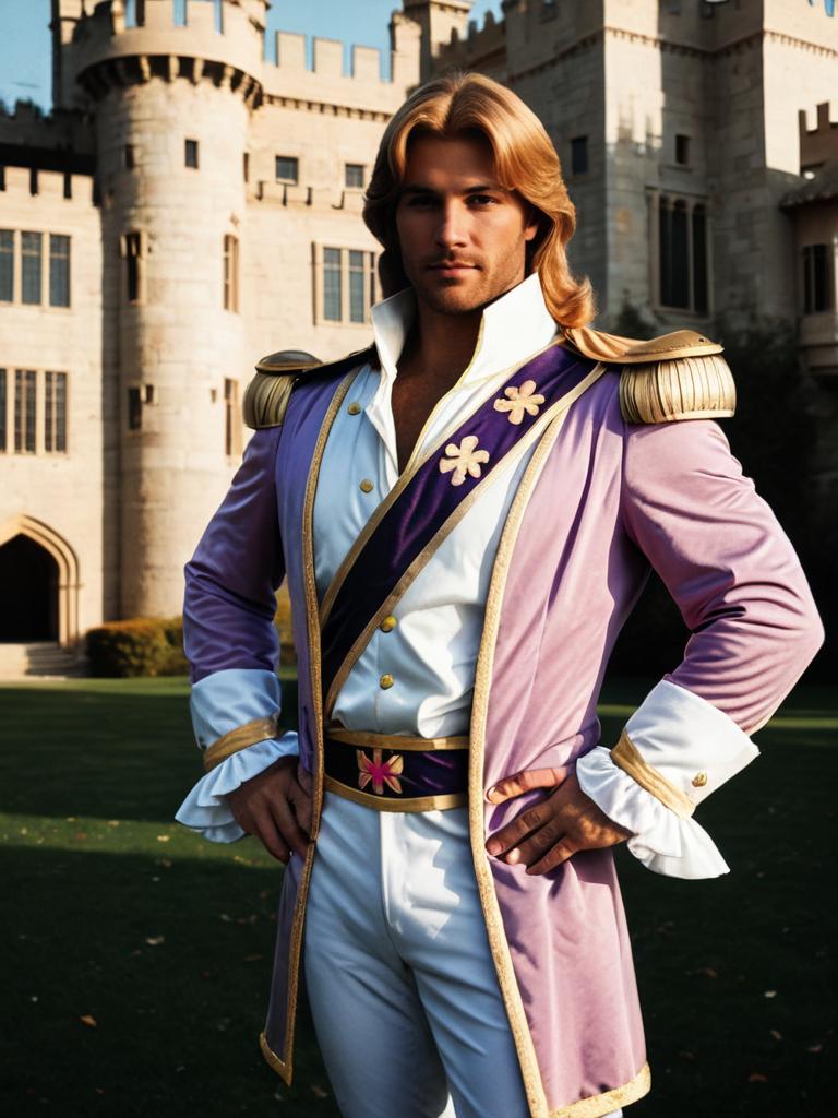 Photorealistic Outdoor Portrait of Man in Prince Adam Costume in Castle Setting