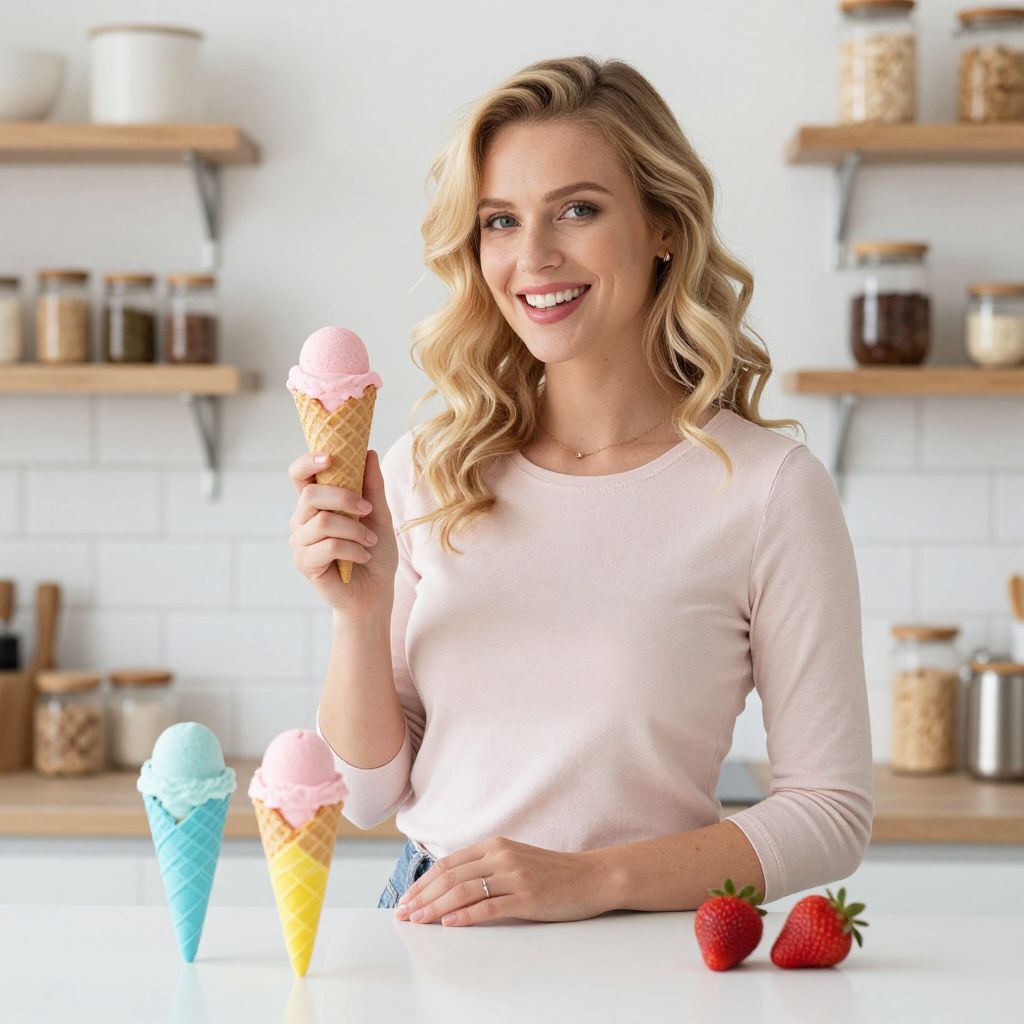 Blonde Woman Enjoying Pink Ice Cream Cone in Modern Kitchen
