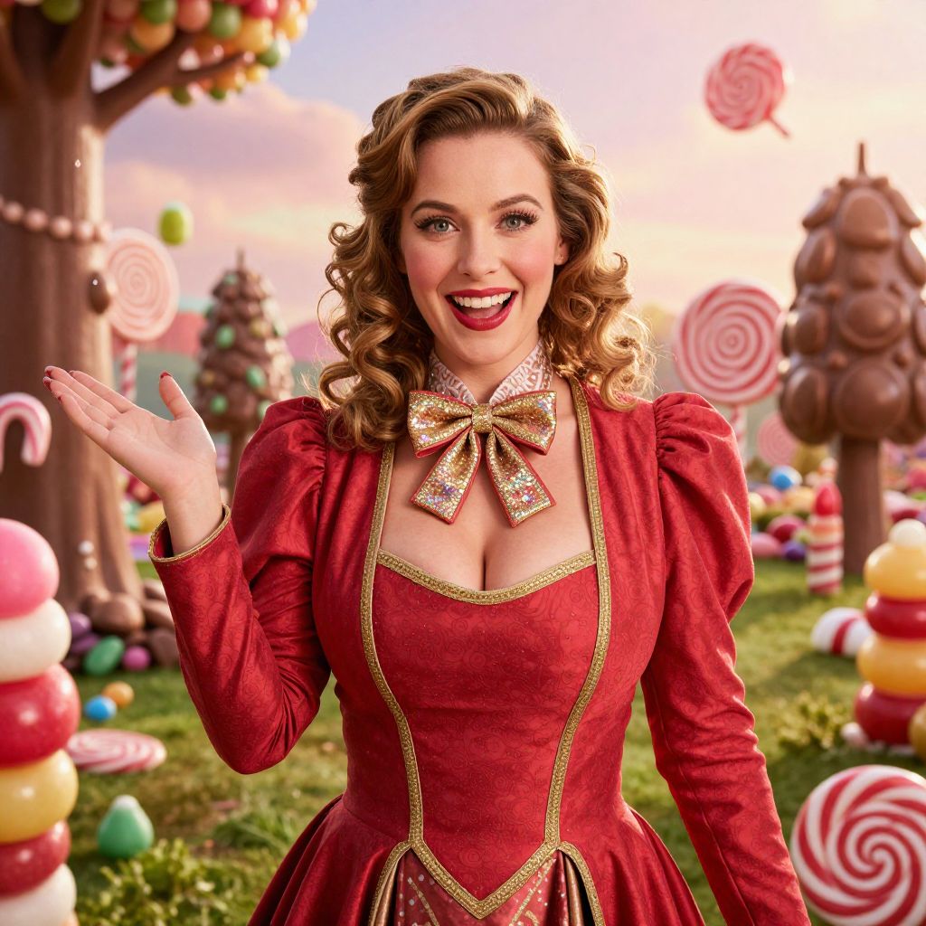 Woman in Red Vintage Dress in Candyland Fantasy Setting