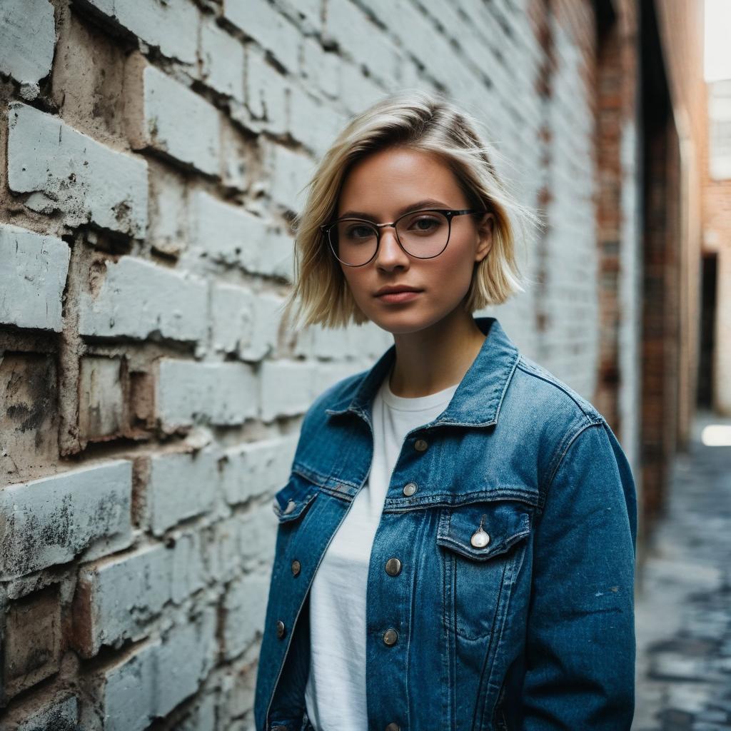 Young Woman in Denim Jacket Standing by White Brick Wall Urban Alley