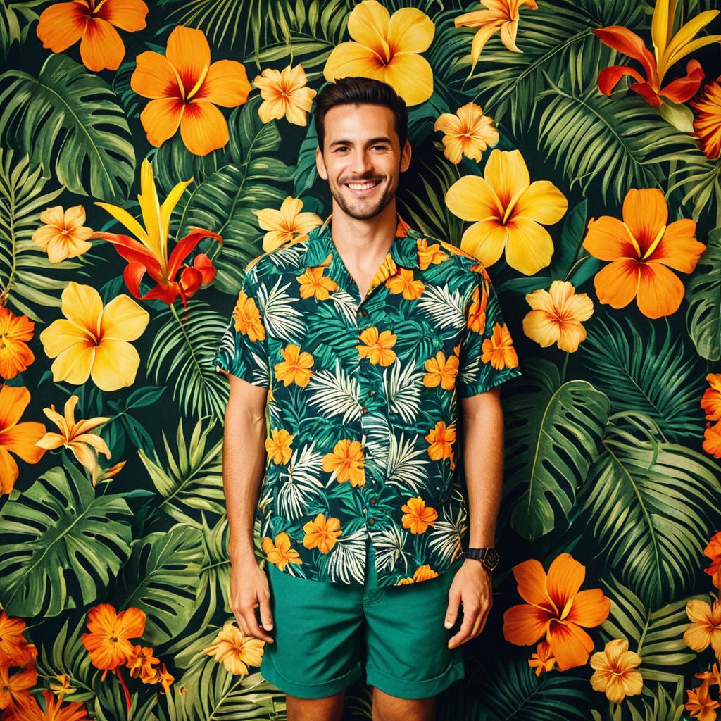 Smiling Man in Hawaiian Shirt Against Tropical Floral Background