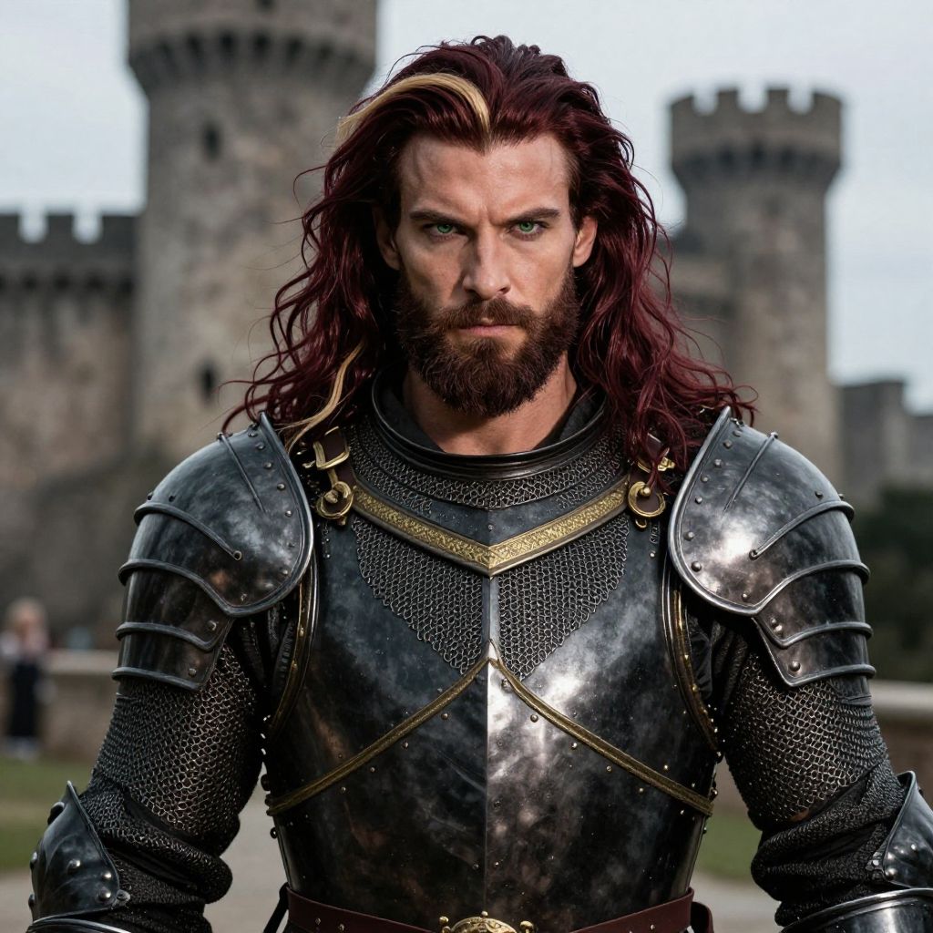 Medieval Knight in Armor with Red Hair Standing in Front of Castle