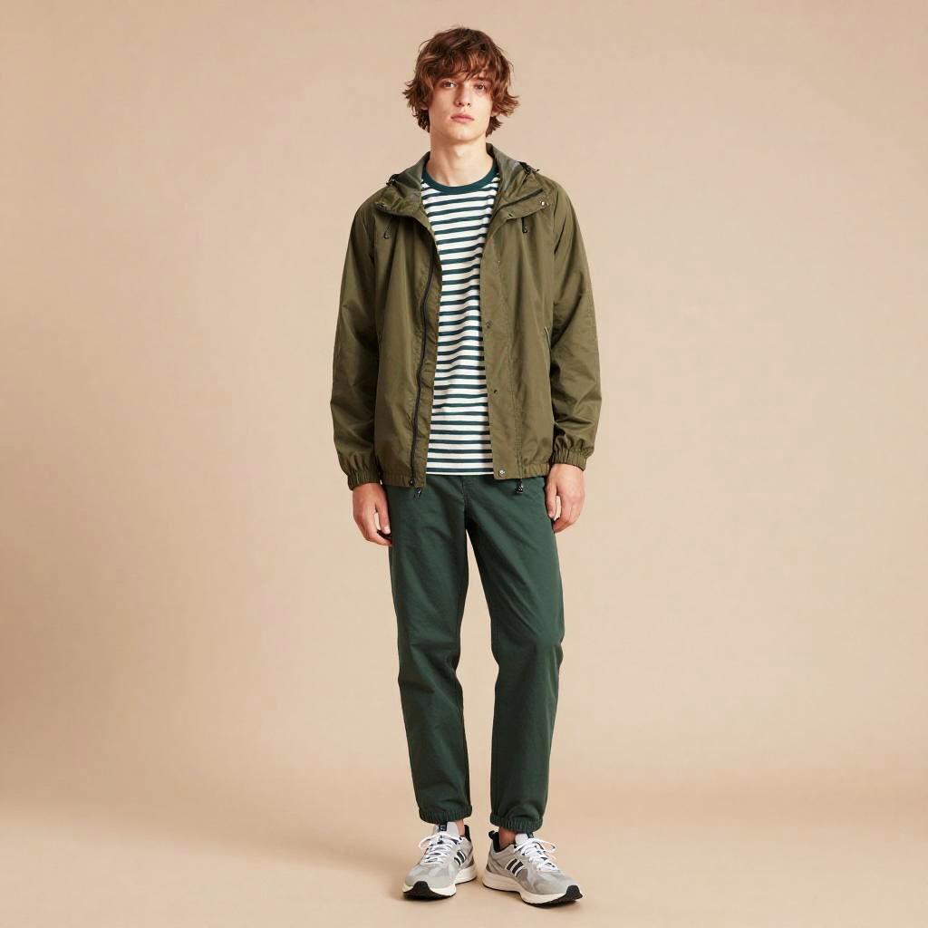 Casual Gen Z Man in Olive Green Windbreaker and Joggers
