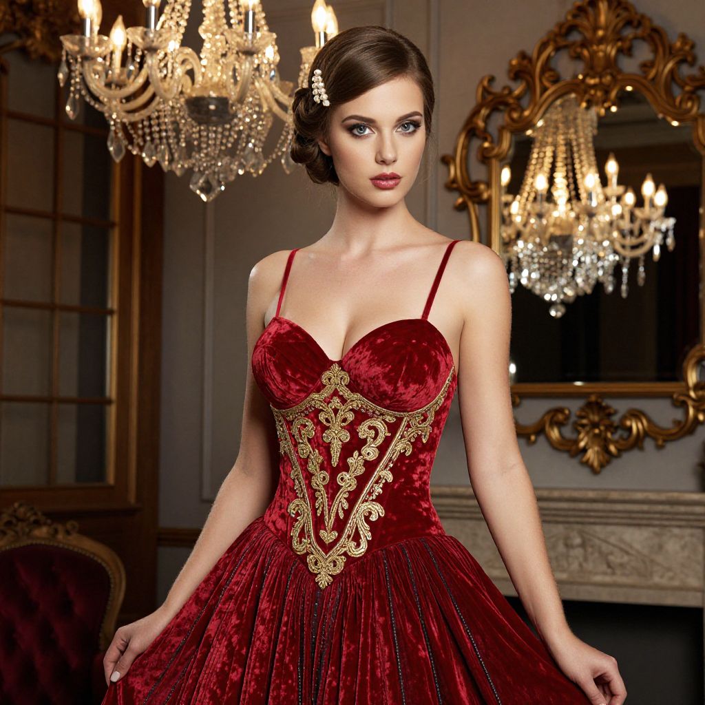 Elegant Woman in Red Velvet Dress with Gold Embroidery in Vintage Interior