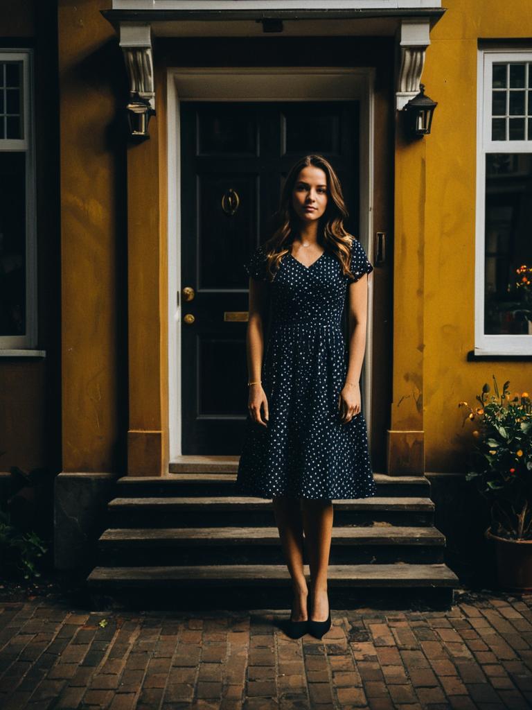 Woman in Polka Dot Dress Standing Outside Home for Birthday Photo Shoot