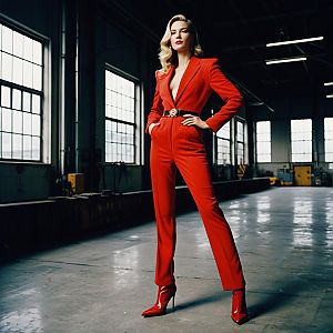 Confident Woman in Red Pantsuit Posing in Industrial Space