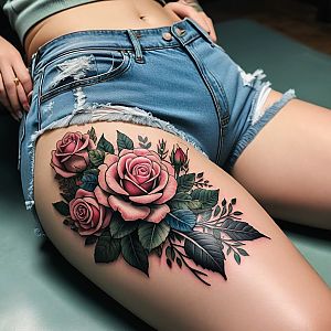 Woman with Pink Rose Tattoo in Distressed Denim Shorts