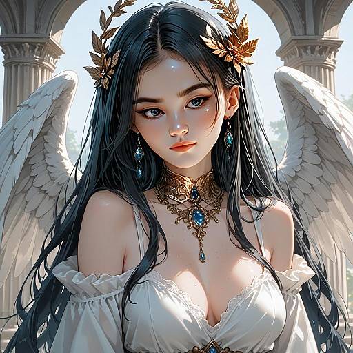 Dark Angelic Woman with Wings and Ornate Jewelry Digital Illustration
