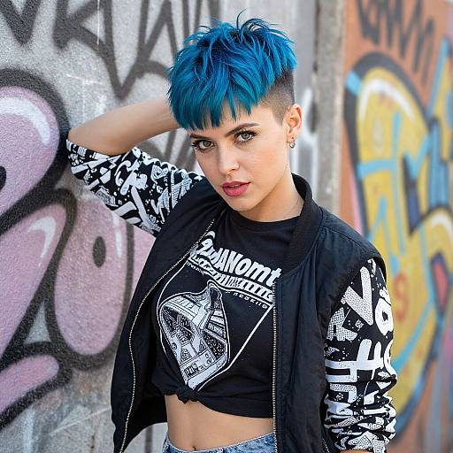 Young Woman with Blue Hair in Edgy Street Style Fashion by Graffiti Wall