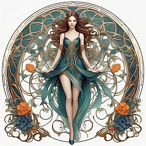Confident Woman in Teal Dress with Floral Frame