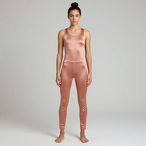 Woman Wearing Rose Gold Metallic Sleeveless Jumpsuit Standing Barefoot