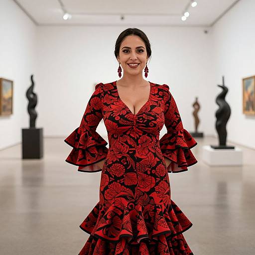 Woman in Red Flamenco Dress Posing in Modern Art Gallery