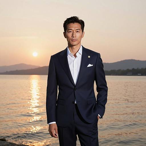 Confident Man in Navy Blue Suit by Lake at Sunset