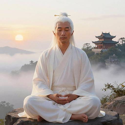Meditating Man in Traditional White Robes with Ancient Temple Sunrise