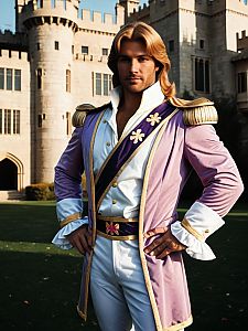 Photorealistic Outdoor Portrait of Man in Prince Adam Costume in Castle Setting