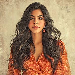 Glamorous Portrait of a Young Woman in Orange Dress