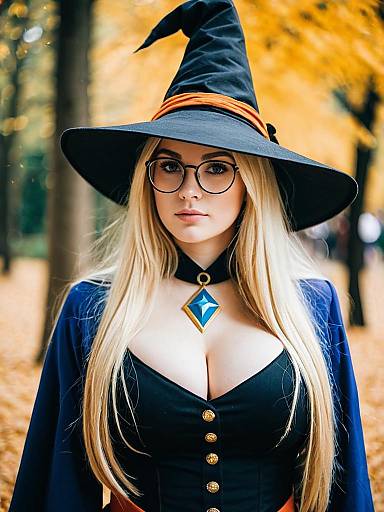 Blonde Woman in Witch Costume with Glasses and Pendant in Autumn Forest