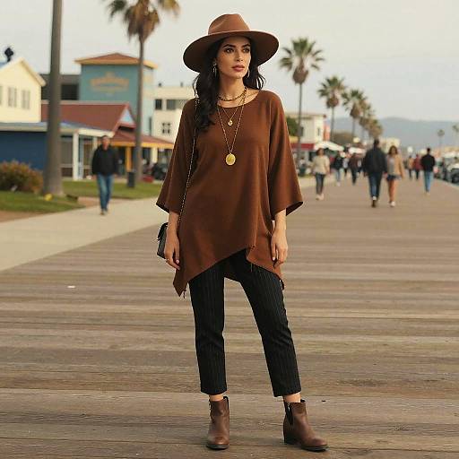 Bohemian Casual Style Woman Wearing Brown Asymmetric Tunic on Boardwalk