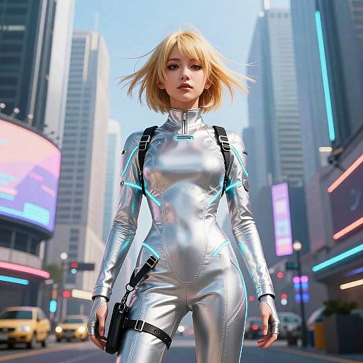 Futuristic Woman in Silver Cyberpunk Bodysuit in Cityscape