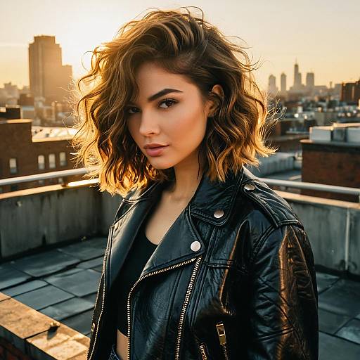 Stylish Woman in Black Leather Jacket on Urban Rooftop at Sunset