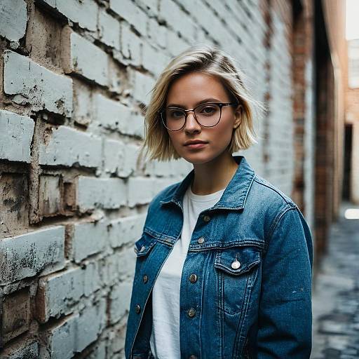 Young Woman in Denim Jacket Standing by White Brick Wall Urban Alley