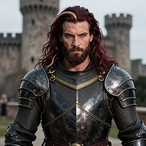 Medieval Knight in Armor with Red Hair Standing in Front of Castle