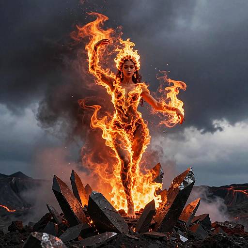 Fiery Woman Surrounded by Volcanic Rocks and Flames