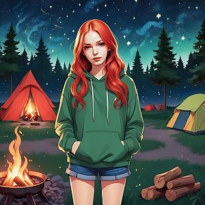 Young Woman by Campfire Under Starry Sky