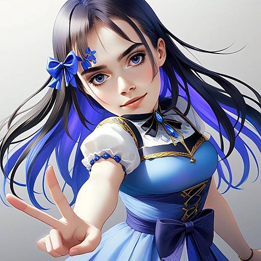 Anime Style Young Woman in Blue Dress Showing Peace Sign