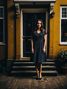 Woman in Polka Dot Dress Standing Outside Home for Birthday Photo Shoot
