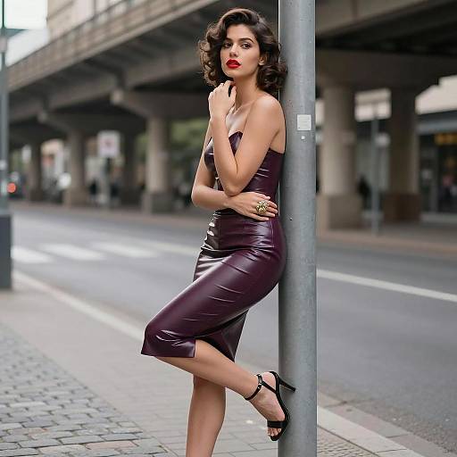 Elegant Woman in Dark Purple Leather Dress Posing on Urban Street