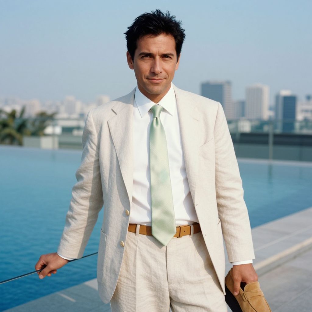 Man in Light Beige Suit with Mint Green Tie by Rooftop Pool