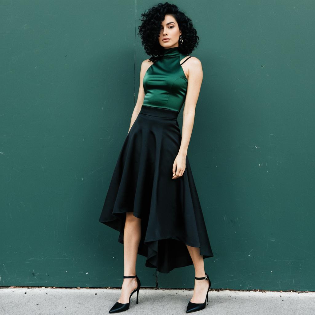 Stylish Woman in Green Satin Top and High-Low Black Skirt Fashion Portrait