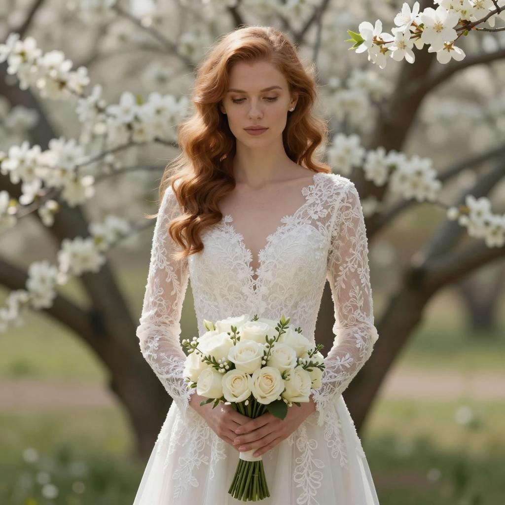 Elegant Bride in Lace Wedding Dress Holding White Rose Bouquet in Blossom Garden