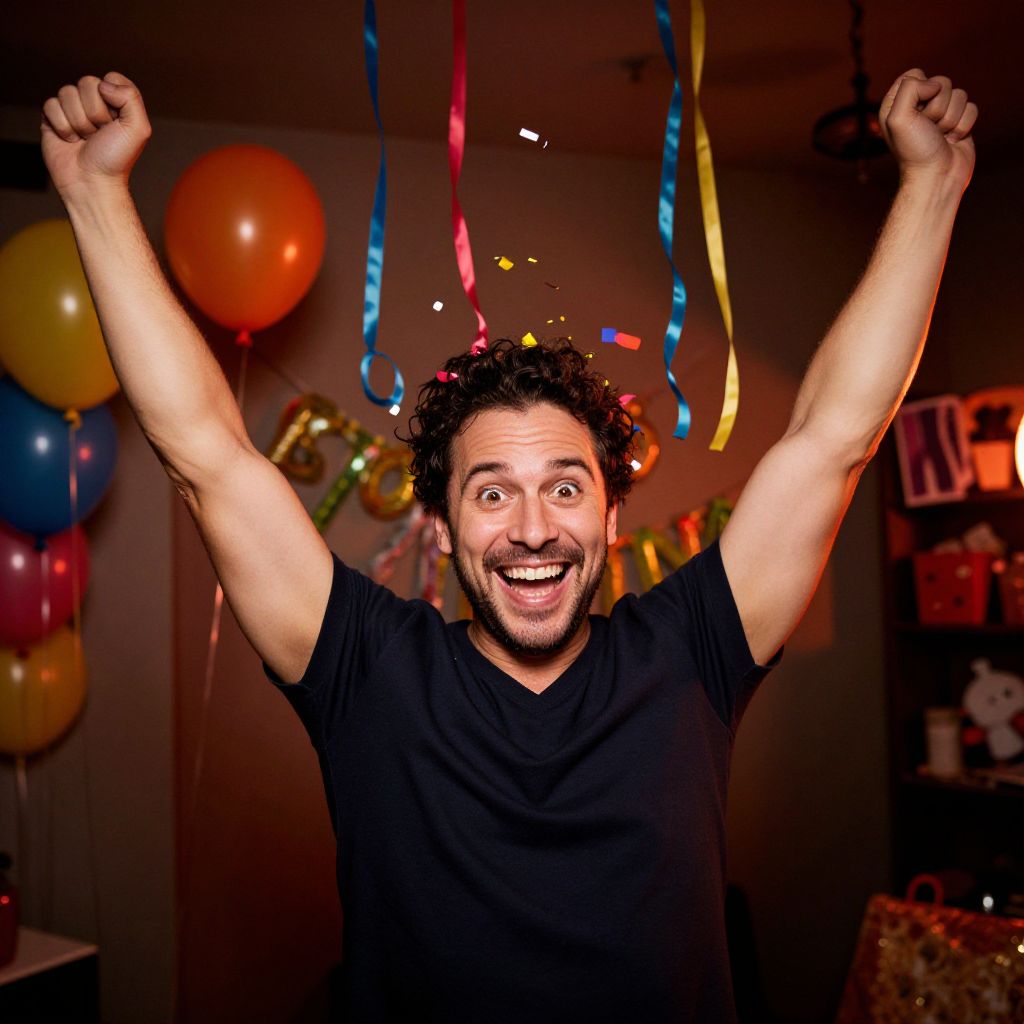 Happy Man Celebrating with Balloons and Streamers