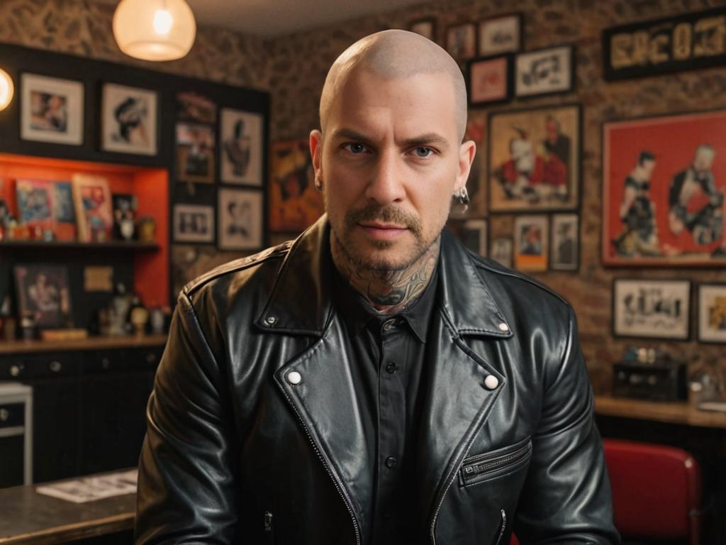 Confident Man with Tattoos in Artistic Room