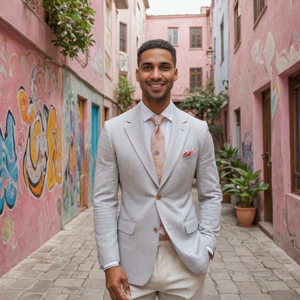 Confident Man in Stylish Gray Suit in Colorful Alleyway