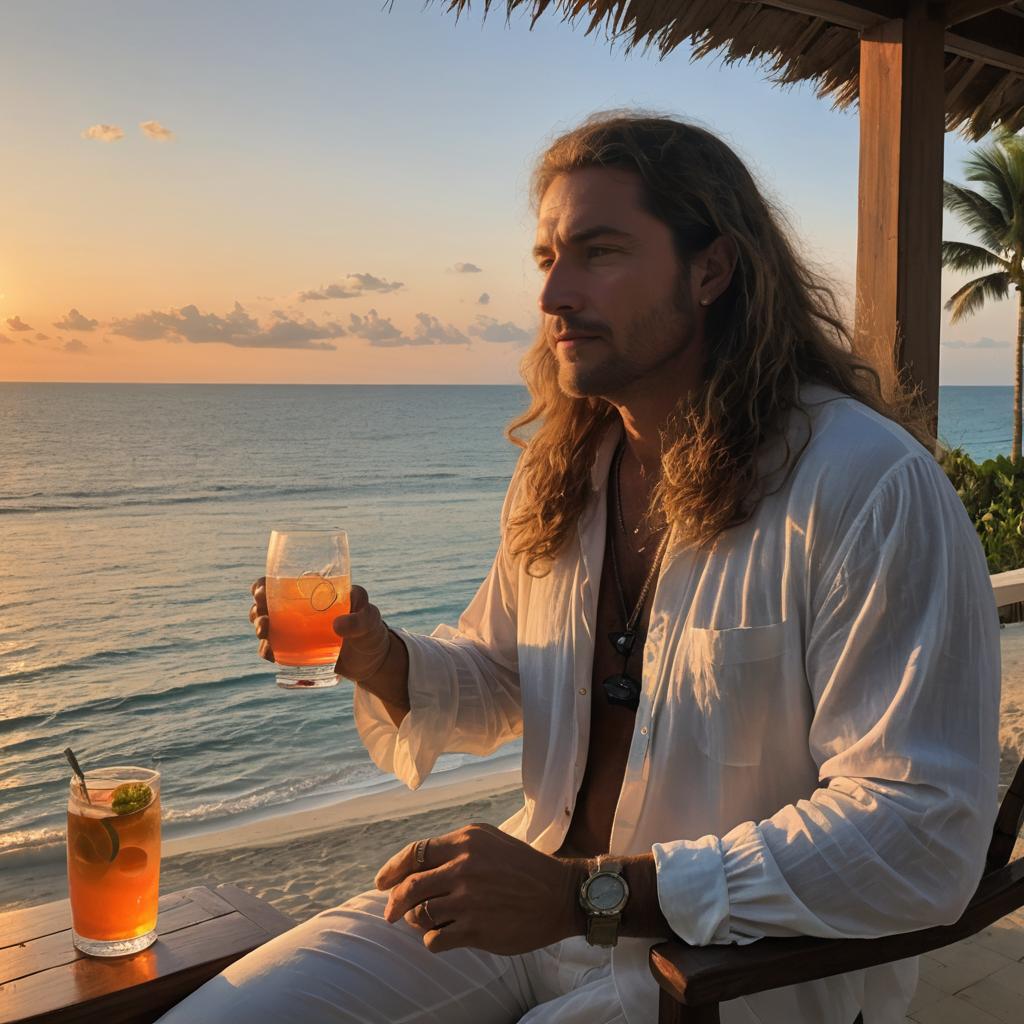 Man with Cocktail on Beach at Sunset