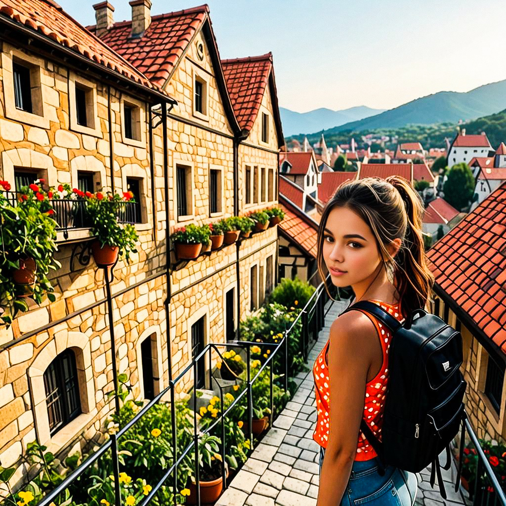 Young Woman Walking in Picturesque Village Young Woman Walking in Picturesque Village