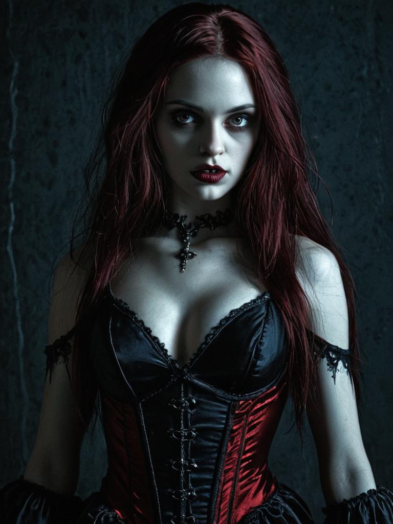 Gothic Woman with Red Hair in Black and Red Corset