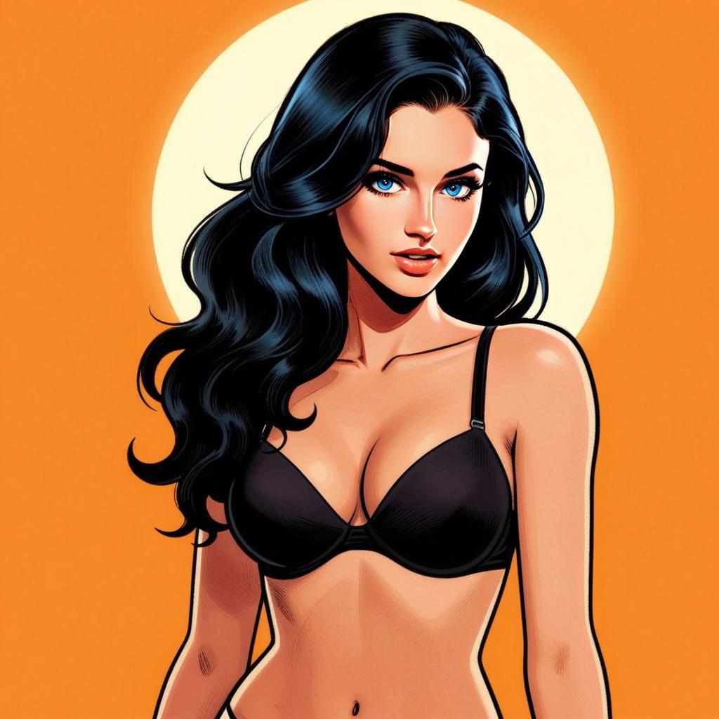 Digital Comic Style Illustration of Woman with Black Hair and Blue Eyes on Orange Background