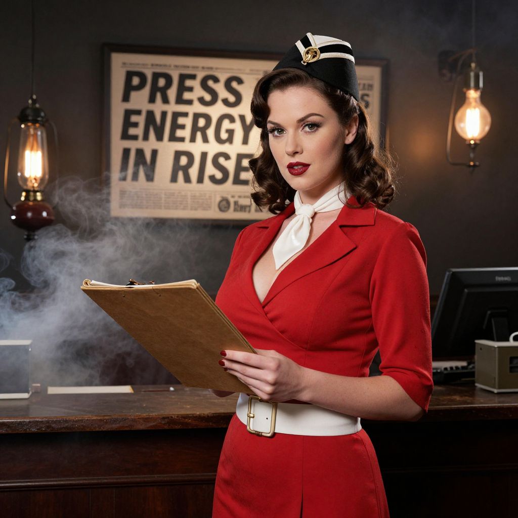 Vintage 1940s Woman in Red Dress Holding Clipboard in Retro Office